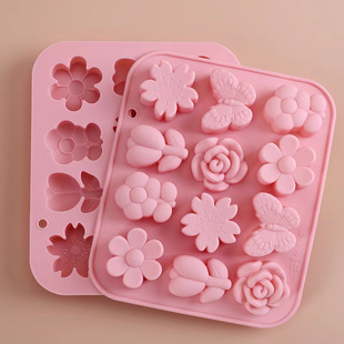In Stock 12 Consecutive Different Flower Butterfly Shaped Silicone Mold Cake Chocolate Molded Ice Tray Glue Mold