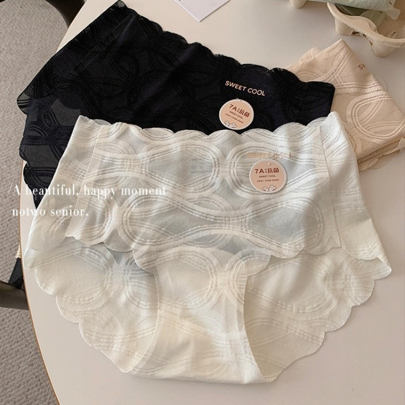 Ultra-Thin Seamless Ice Silk Lace Panties for Women, Pure Cotton Antibacterial Crotch, Breathable One-Piece Mid-Waist Thin Women's Briefs