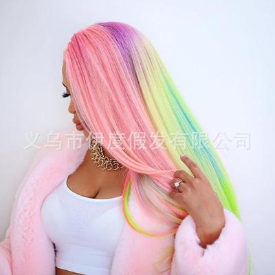 歐美COS彩色假發女中分長直發淺粉漸變漂染藍綠紫外貿時尚頭套