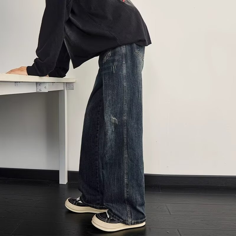 Men's Washed Vintage High Street Jeans Distressed Denim Loose Straight-Leg Fit Streetwear Style Blue S-3XL_mkmklike.com