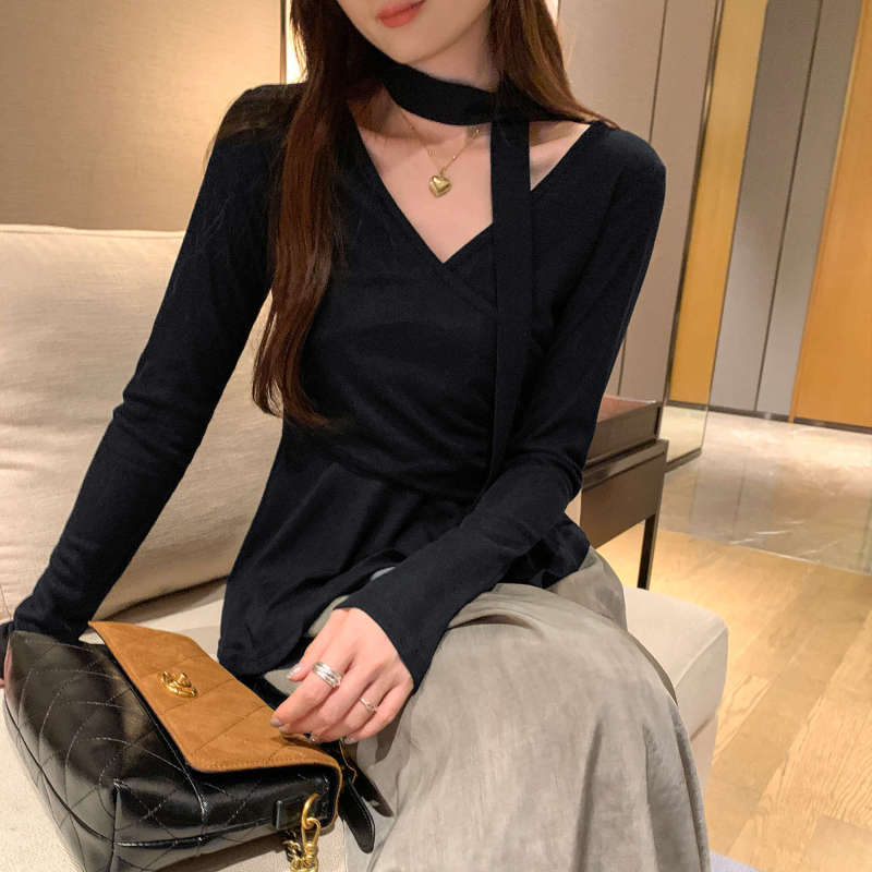 独特超好看交叉v领长袖t恤女2025秋季新款设计感绑带收腰绝美上衣|undefined