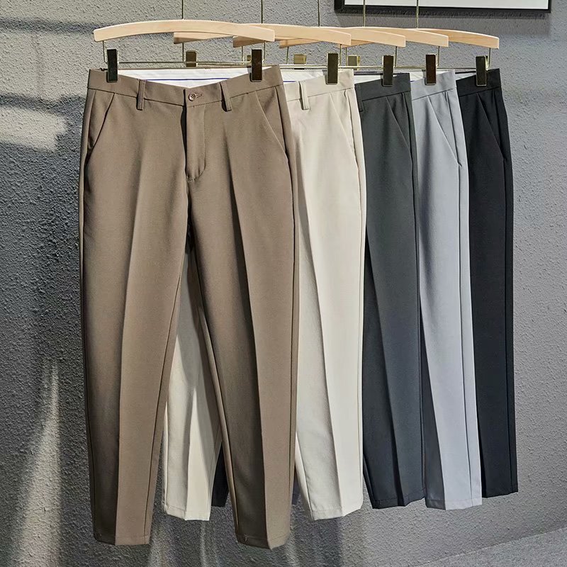 plus size ruffian handsome feet nine points suit pants boys spring and autumn casual brown elastic Korean style drop feeling straight trousers