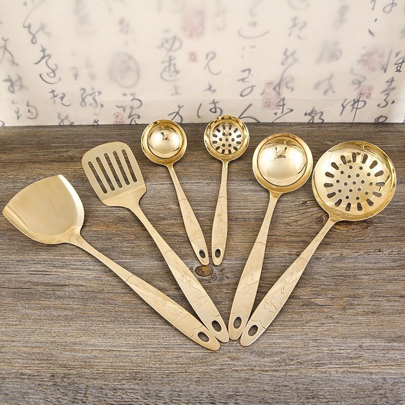 Pure Copper Kitchen Utensils, Thickened Long-Handled Soup Spoon, Skimmer, Rice Spatula, Brass Spoon, Korean-Style Kitchen Supplies Cooking Set Pure Copper Kitchen Utensils, Thickened Long-Handled Soup Spoon, Skimmer, Rice Spatula, Brass Spoon, Korean-Style Kitchen Supplies Cooking Set