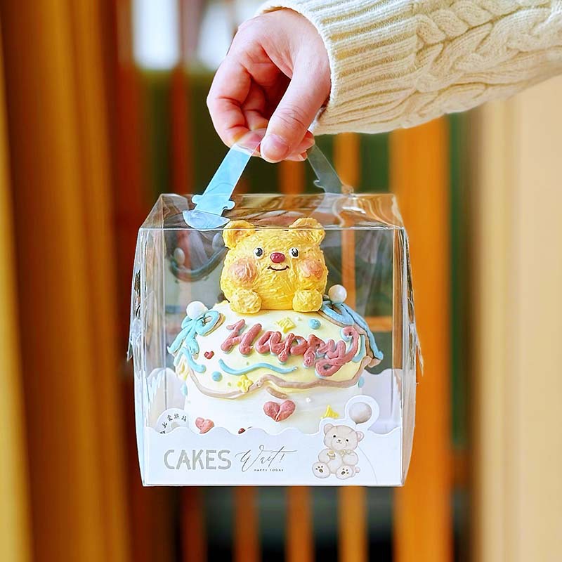 4寸透明手提蛋糕盒四寸爆浆包装盒加高加厚小西点甜品盒千层盒子