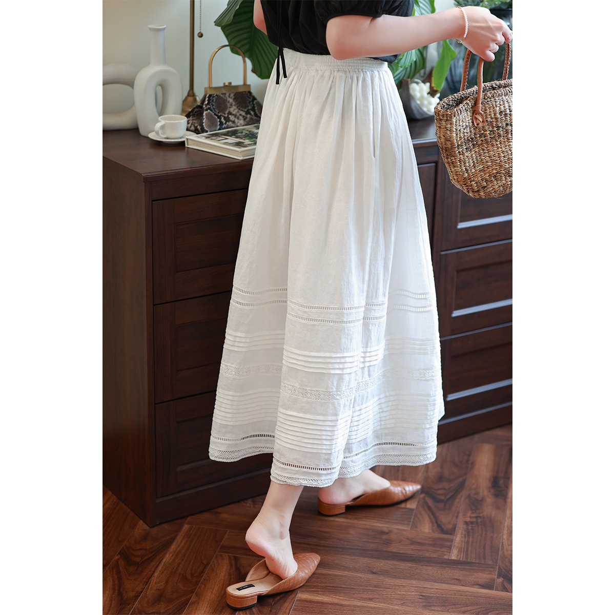 Reject sultry light light high waist hollow embroidery lace white ramie A- line long skirt large swing skirt