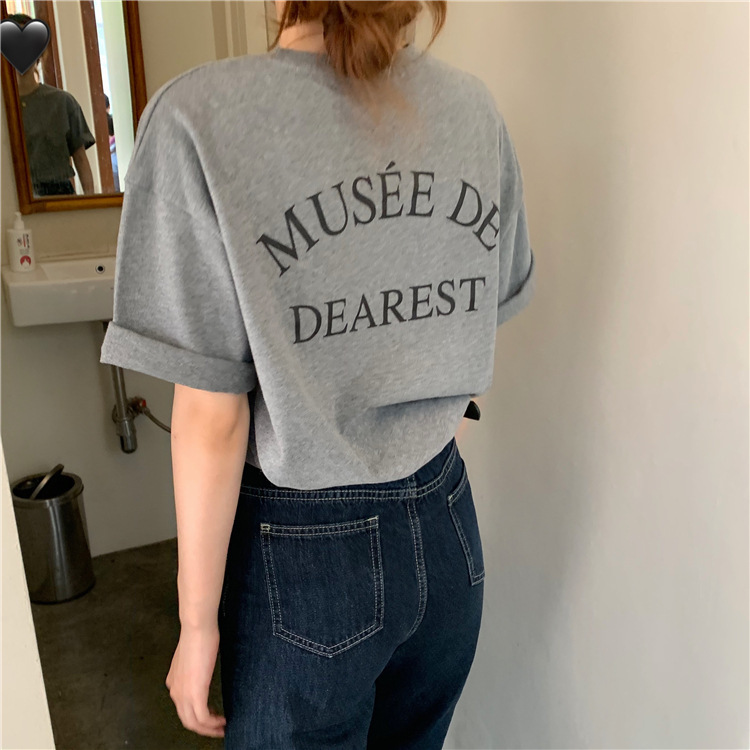 2025 New Korean Style Simple Short-Sleeved T-Shirt with Letter Print on the Back for Women, Loose Round Neck Inner Layering Top