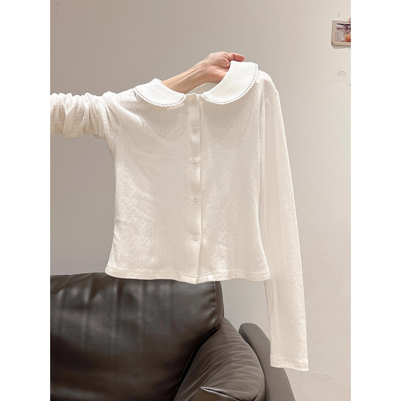 White Doll Collar Long-Sleeve T-Shirt for Women, Inner Layer Base Shirt, 2025 Autumn Turn-Down Collar Cardigan, Stylish Slim-Fit Top