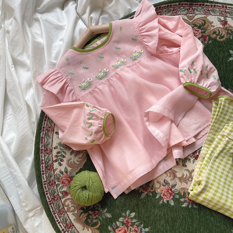 2023春季新款童装 女童粉色娃娃衫绿色包边+绣花罩衫两件套