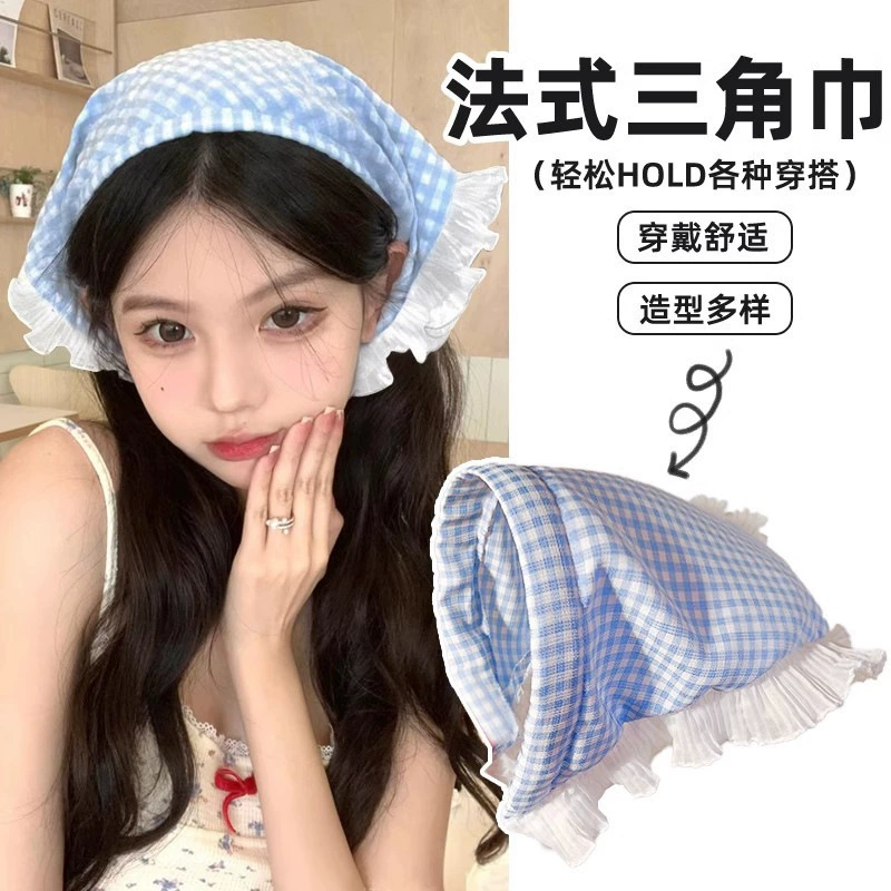 Французский ретро треугольный шарф обруч для волос синий клетчатый тюрбан ленивый шарф