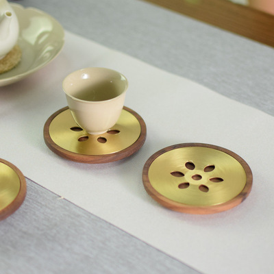 黑胡桃木纯铜茶垫隔热杯垫茶杯垫茶道功夫茶杯托茶托创意茶具配件|ms