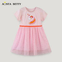 24夏季新品童裙批發歐美風網紗女童連衣裙短袖卡通圓領蓬蓬公主裙