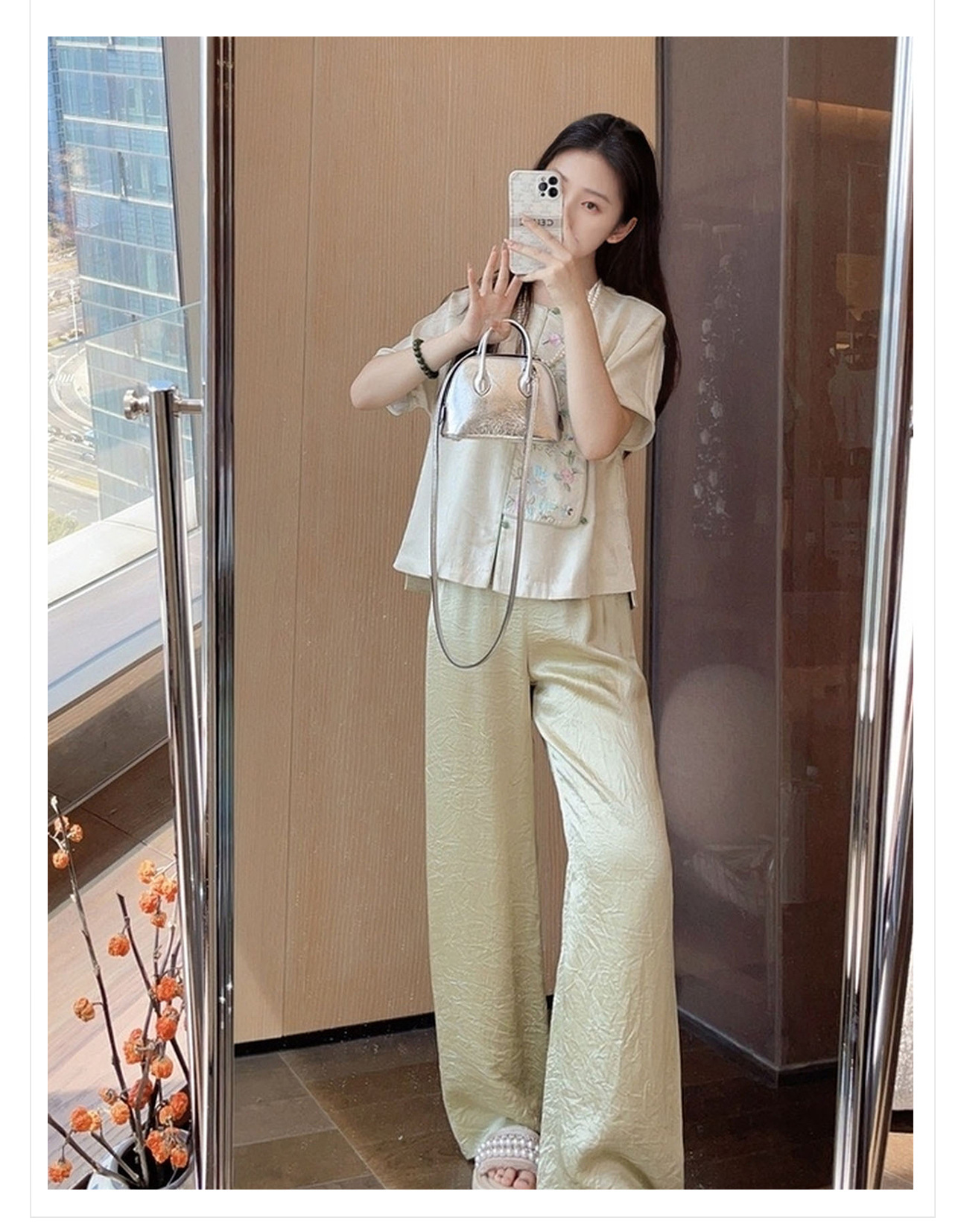 Quần dài ống rộng chất liệu acetate phong cách Trung Quốc mới, dáng suông thẳng đa năng — Màu vàng chi tiết 2