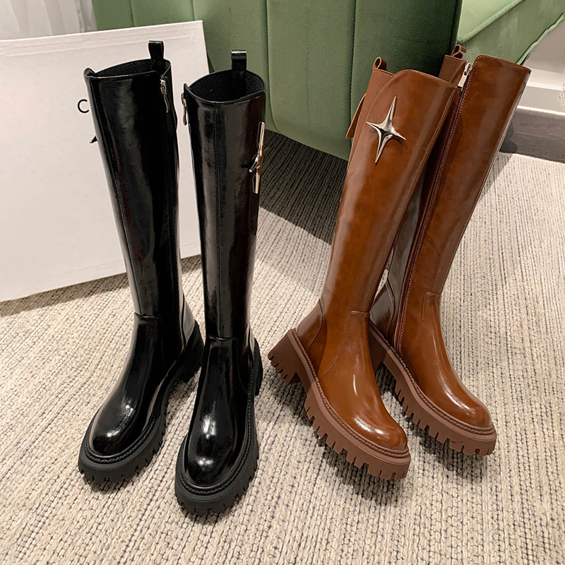 Leather black brown high boots platform
