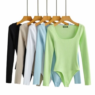 Autumn 2021 New Solid Color Square Collar Knitted Long-sleeved Long-sleeved Jumpsuit European and American Style Knitted Slim-fit Jumpsuit