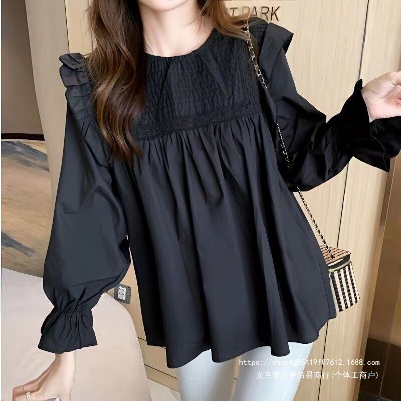 2026 Spring and Autumn New Korean Style Ruffled Babydoll Shirt for Pregnant Women, Versatile Round Neck Pleated Blouse for Plus Size 2026 Spring and Autumn New Korean Style Ruffled Babydoll Shirt for Pregnant Women, Versatile Round Neck Pleated Blouse for Plus Size