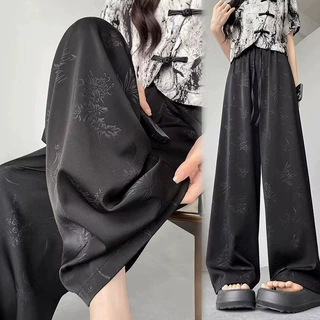 国风缎面提花中式印花凉爽阔腿裤女夏季新款高腰垂感显瘦休闲长裤
