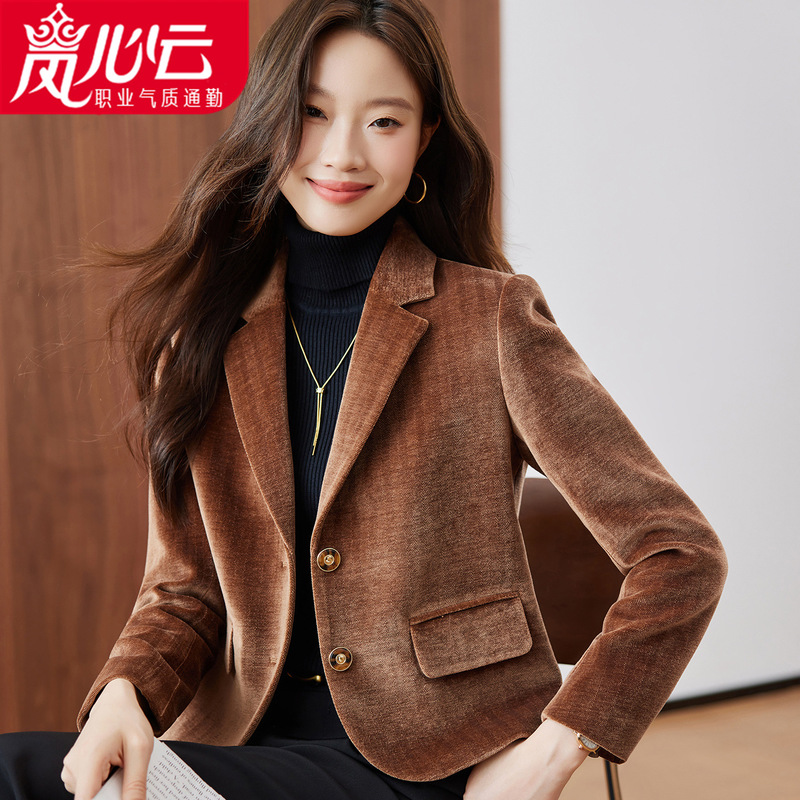Brown Velvet Suit Autumn Style Women's Short Jacket Elegant New High-End Petite 8663