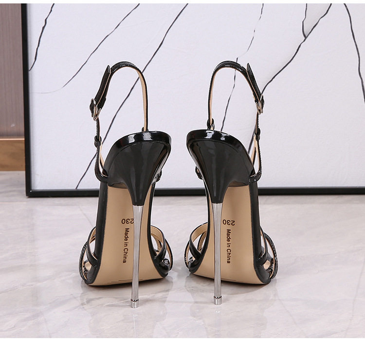 Dép sandal nữ quai ngang gót nhọn kim loại siêu cao, phong cách châu Âu và Mỹ — Màu đen, Màu đỏ, Đỏ đào chi tiết 34