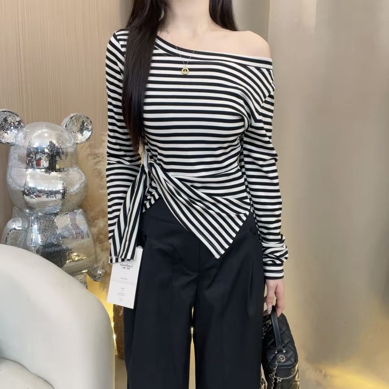 大码斜肩撞色条纹长袖t恤女秋季胖mm显瘦设计感绑带收腰短款上衣|undefined