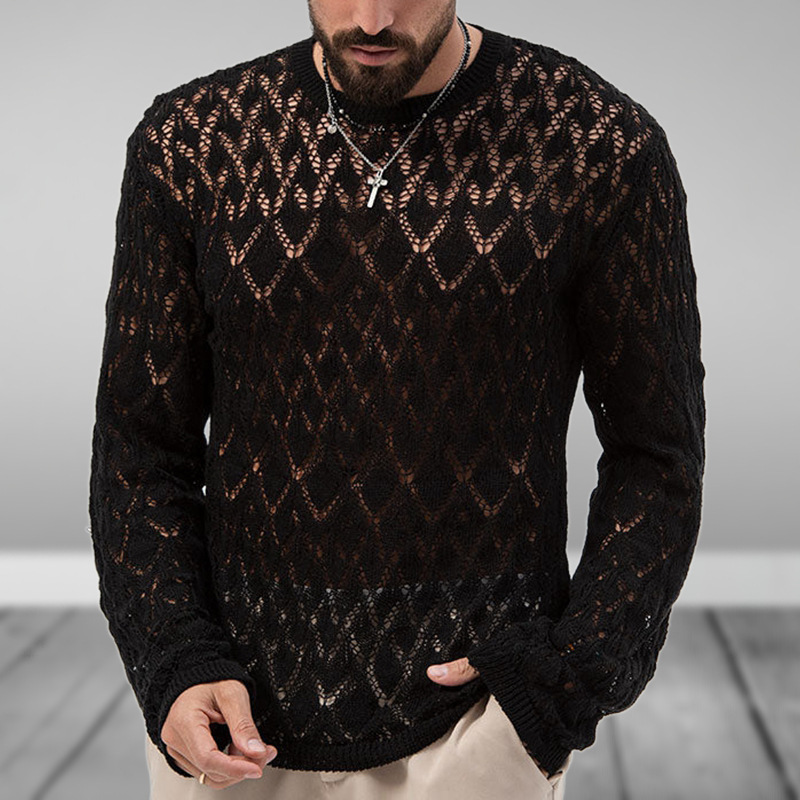 Männer Stricken Pullover Lange Hülse Dünne Kleidung Beiläufige Lose Aushöhlen Schwarz Pullover Männlichen Rundhals Atmungsaktive Feste Jumper Top_voghion.com