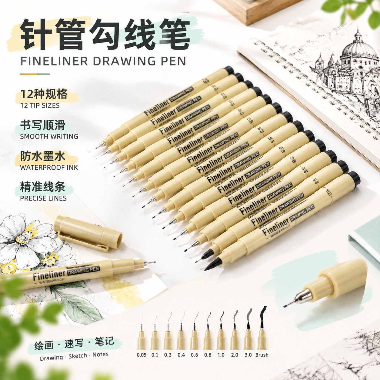 Waterproof needle-tip liner pen for art drawing, hand-drawn comics, and outlining; black, available in multiple sizes