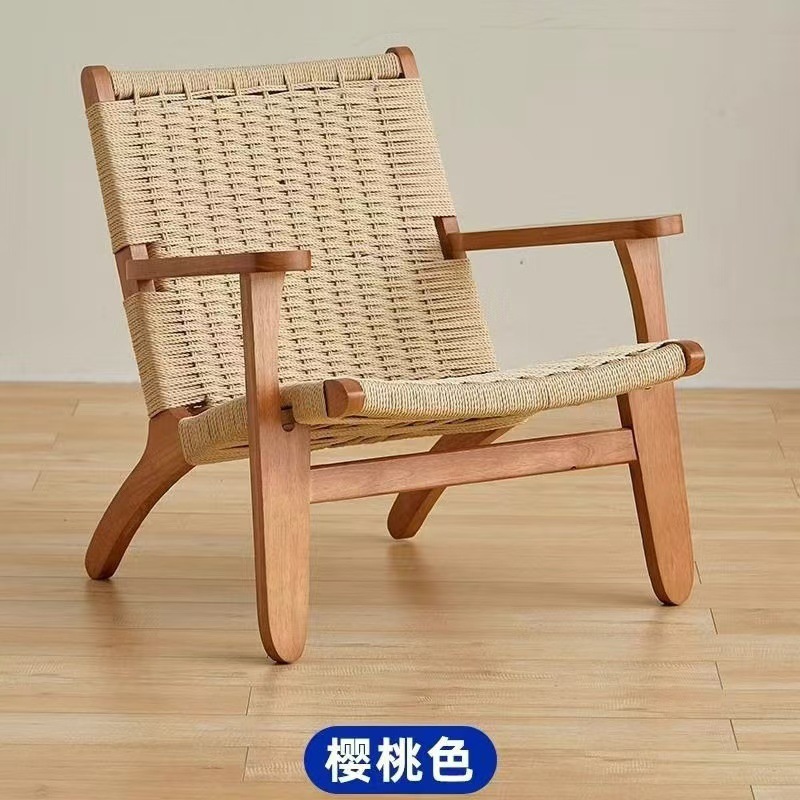 绳编实木单人沙发椅北欧阳台休闲椅子日式侘寂风小户型靠背懒人椅|undefined