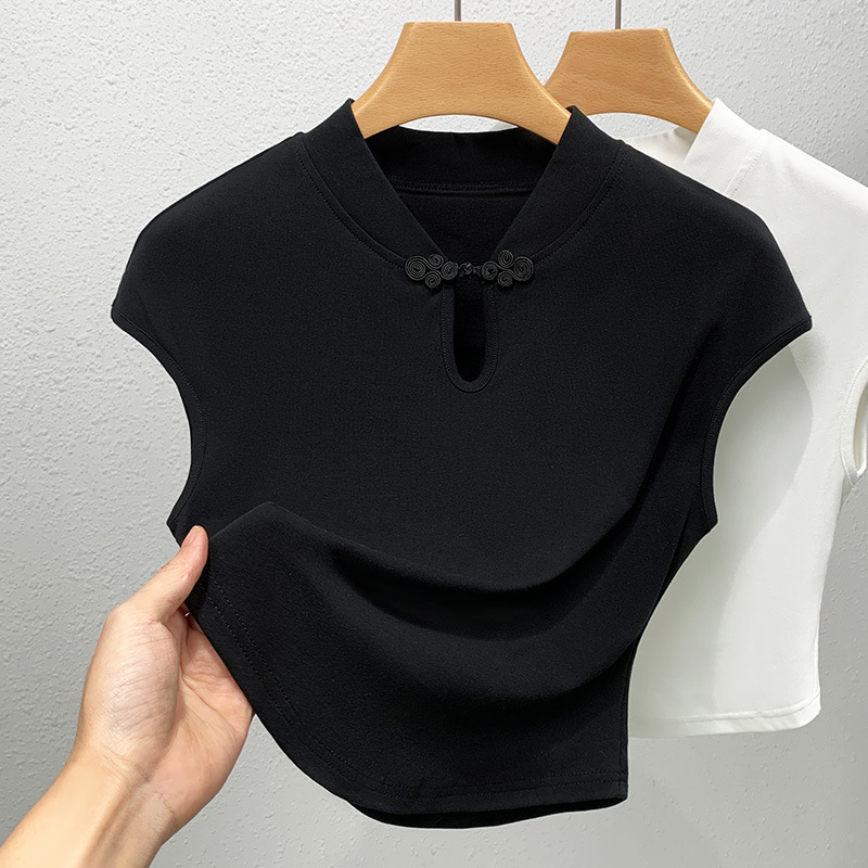 Camiseta de mangas cortas de botón de viento nacional para mujeres 2024 nueva ropa de mujer cuello vertical camiseta de color sólido camiseta de hombro de camisa china