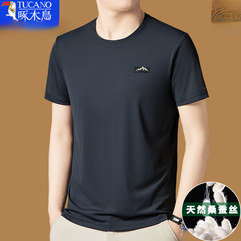 キツツキマルベリーシルク半袖 Tシャツメンズ 2025 新しい夏のラウンドネック Tシャツアイスシルク半袖メンズ Mengwei|undefined