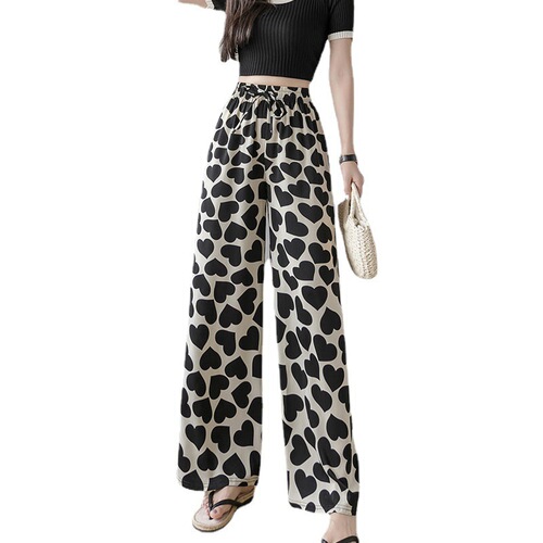Thailand Printed Heart Wide Leg Pants for Women - Summer Thin Fit Loose Plus Size High-Waisted Slimming Long Pants