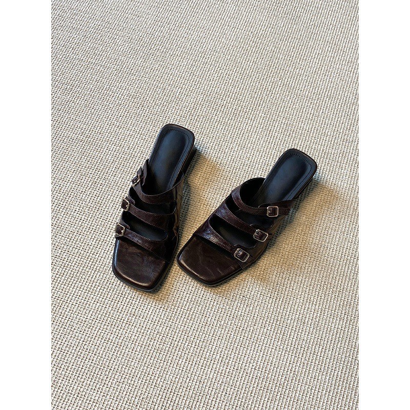 Vintage Square Toe One-strap Buckle Sandals For Women Black Heel_voghion.com