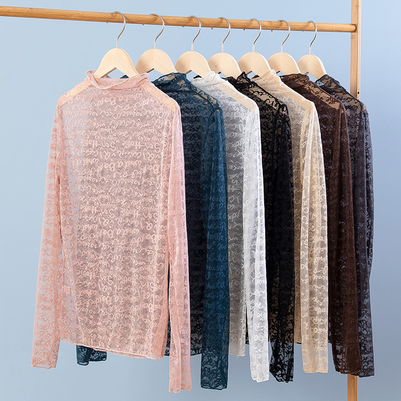 Autumn 2021 New High Neck Lace Base Shirt Women's Mesh Letter Jacquard Black Sexy Inner Long Sleeve Top