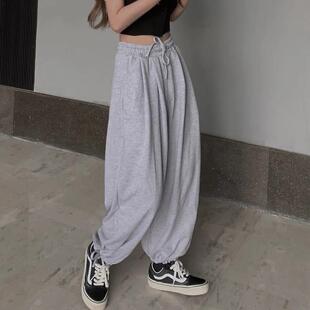 Summer 2023 new pants female students high waist slimming loose all-match casual wide leg ankle-tied lantern pants fashion