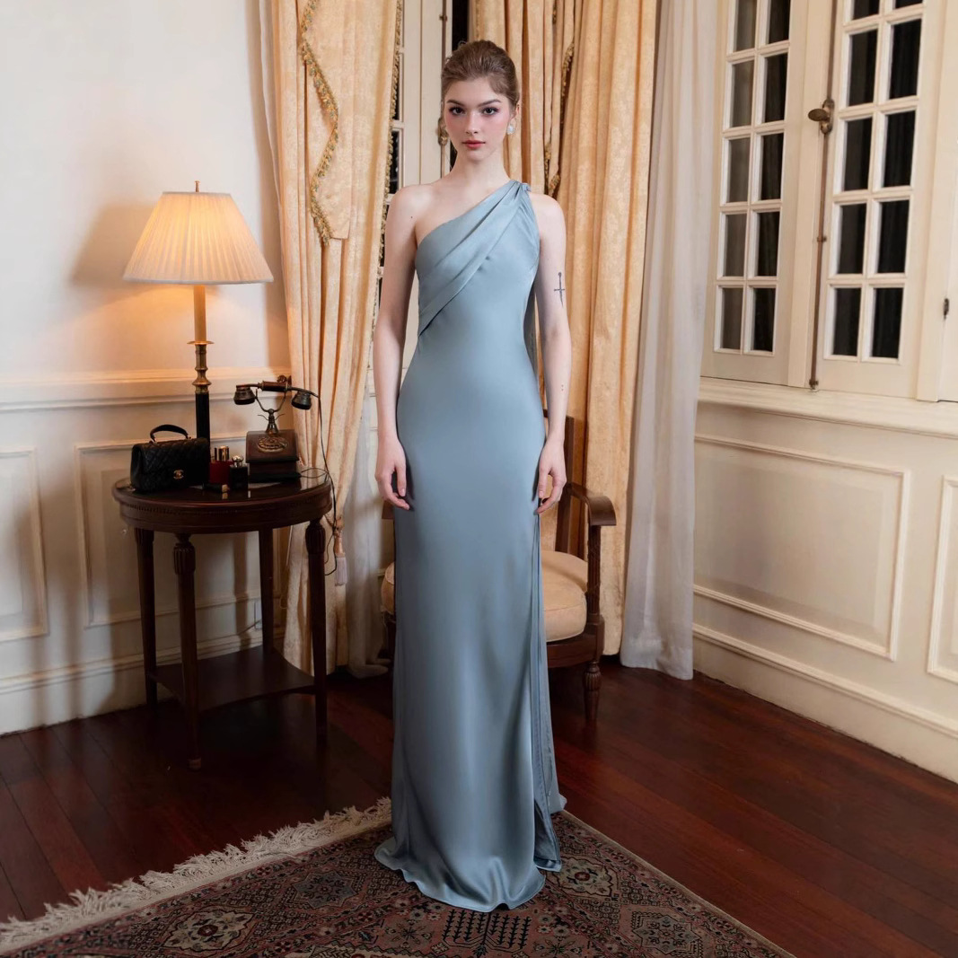Elegant Socialite One‑Shoulder Satin Mermaid Slimming Bodycon Long Party Dress_ecoleips.com