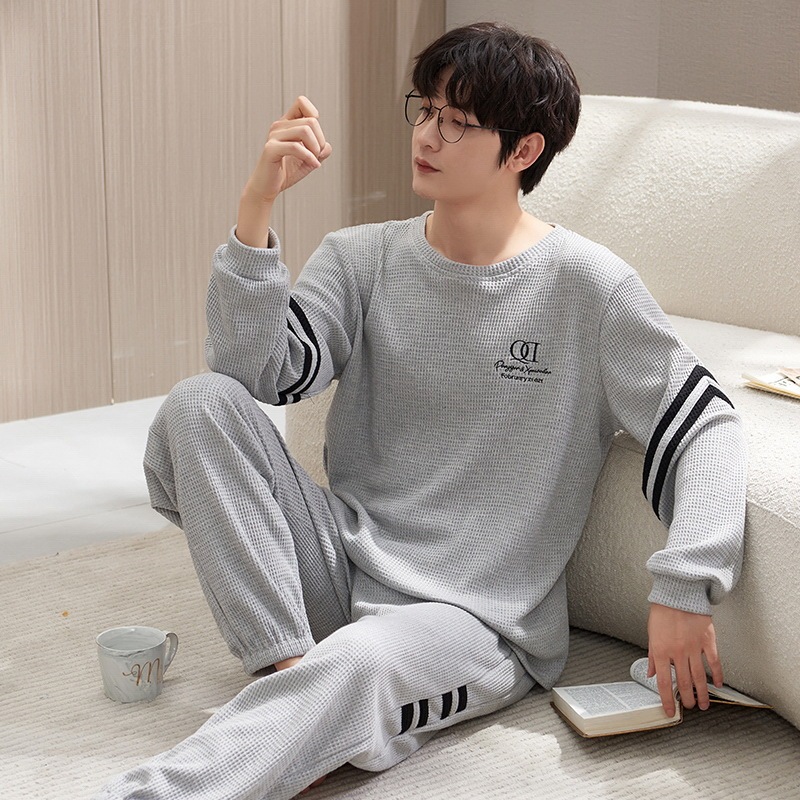 Autumn and Winter Pajamas for Men, Long-Sleeved, Pure Cotton, Loose, Large Size, Men's Youth Waffle Cartoon Outerwear Home Wear Set