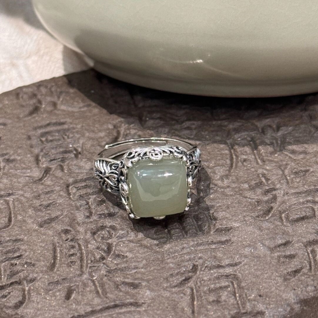 Vintage Chinese Style Hetian Jade Copper Coin Ring Adjustable_voghion.com