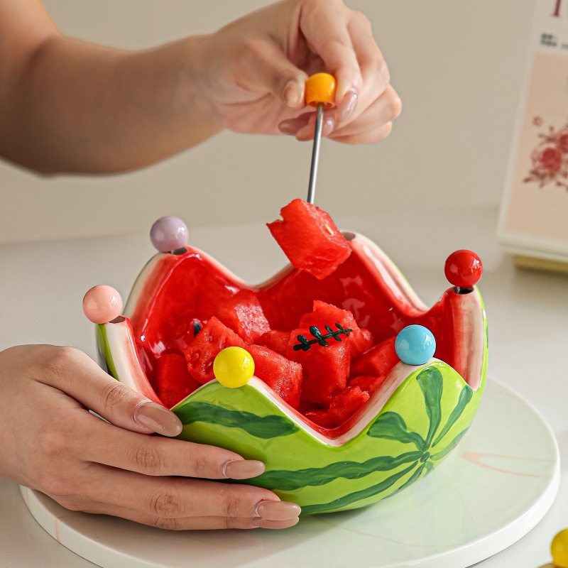 Artículo creativo de sandía en forma de cerámica bandeja de frutas horquilla de frutas conjunto de mesa de té de sala de estar casera horquilla de postres horquilla de almacenamiento tazón
