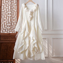 荷叶边重工超仙仙女裙女秋冬新款内搭长裙不规则气质长袖连衣裙潮