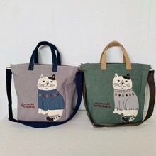 日本新款刺绣胖猫斜挎包单肩包手提包手拎包补习包通勤布艺862