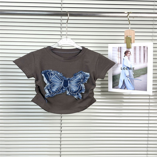 Women's Summer 2025 New 3D Washed Denim Frayed Butterfly T-Shirt Korean Version Pleated Solid Color Versatile T-Shirt