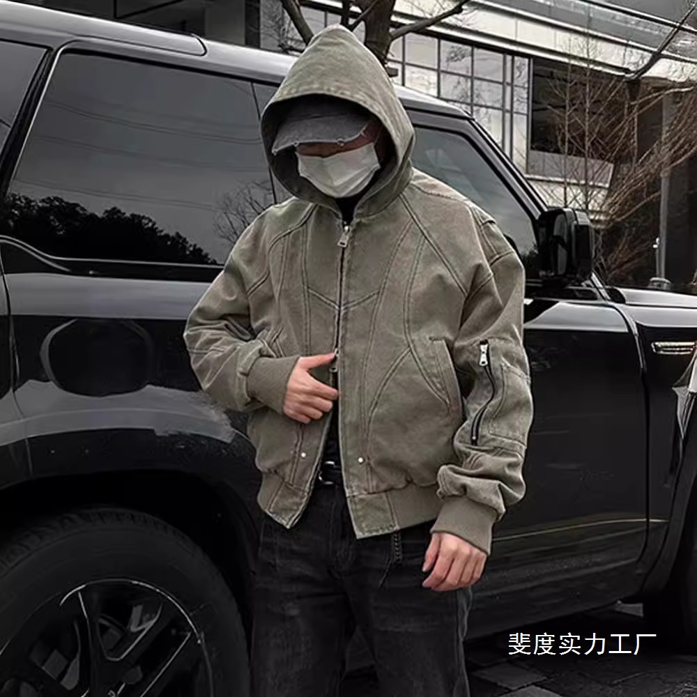 春秋美式复古拼接座山雕设计感连帽棒球服夹克男潮牌cleanfit批发