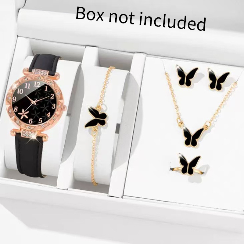 Cross-Border Direct Sales Round Dial Butterfly Sports Fashion Trendy Women's Fashion Simple Quartz Watch Ladies Watch Set