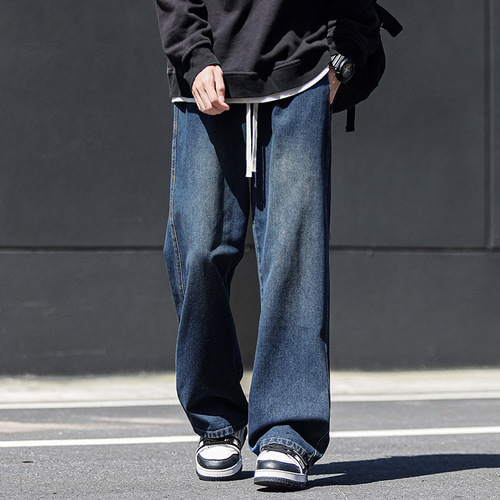 2025 Autumn/Winter Main Collection Men's Hong Kong Style Loose Straight Leg Washed Retro Elastic Waist Rubber Band Casual Pants