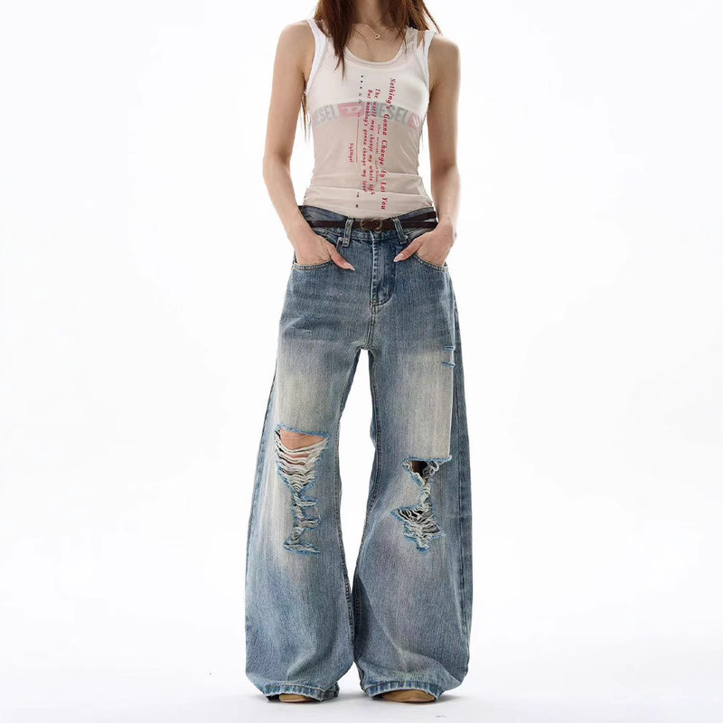 American Style Retro Bamboo Pattern Old Ripped Jeans Men's and Women's Trendy Brand cleanfit Straight Micro Scimitar Pants