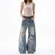 American Style Retro Bamboo Pattern Old Ripped Jeans Men's and Women's Trendy Brand cleanfit Straight Micro Scimitar Pants