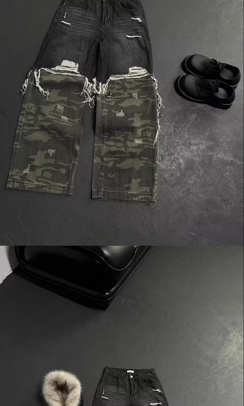 Men's Baggy Ripped Jeans Camouflage Patchwork Distressed Denim_voghion.com
