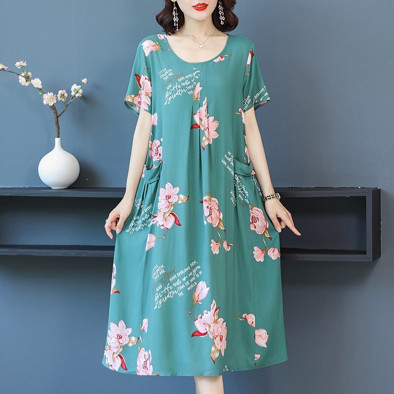 New High-End Summer Cotton Silk Dress Plus Fat Plus Size Women's Clothing Suitable for Fat People Skirt with Thick Waist to Cover Belly