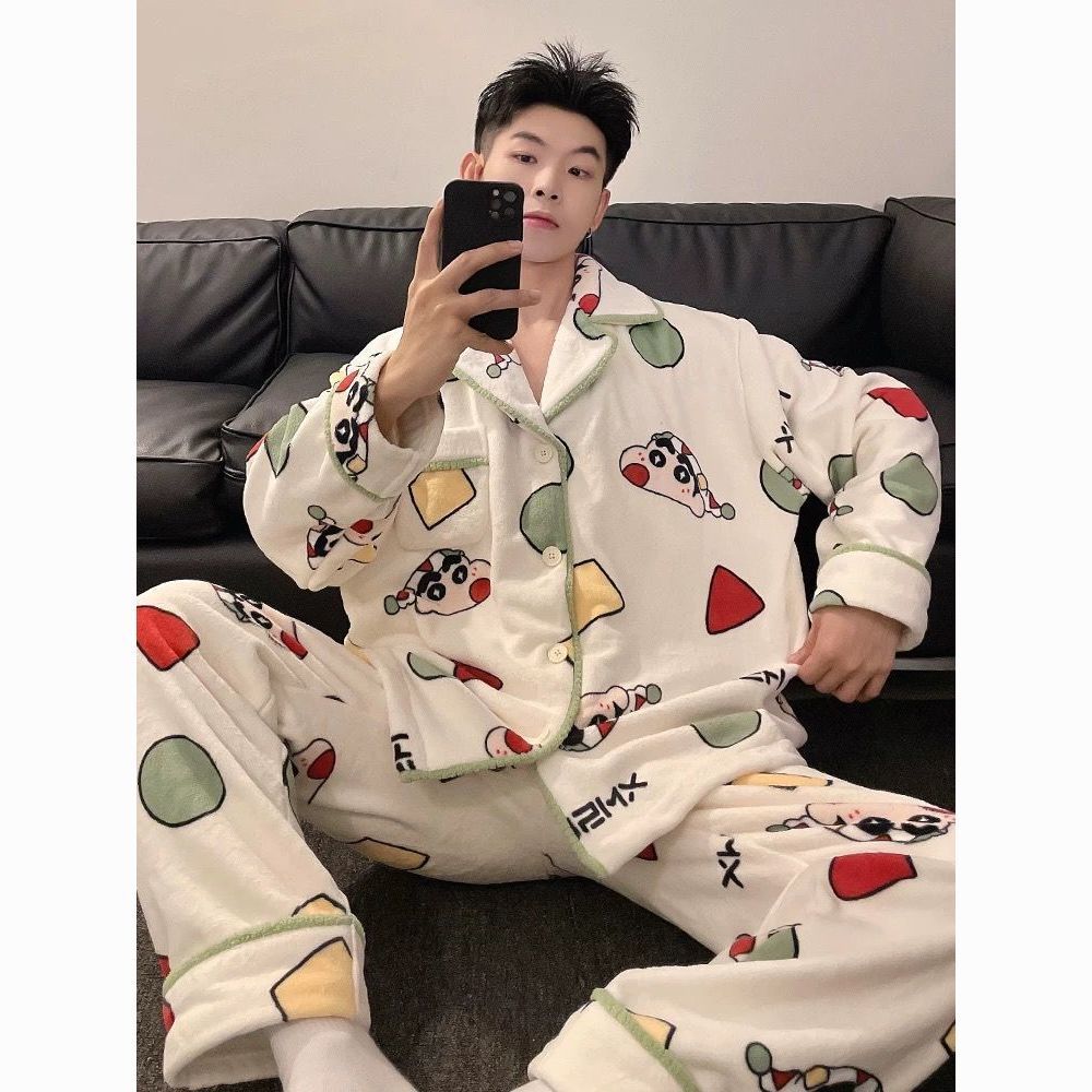 New Crayon Shin-Chan Coral Velvet Autumn and Winter Plus Velvet Thickened Cartoon Pajamas Men's Wearable Home Clothes Set