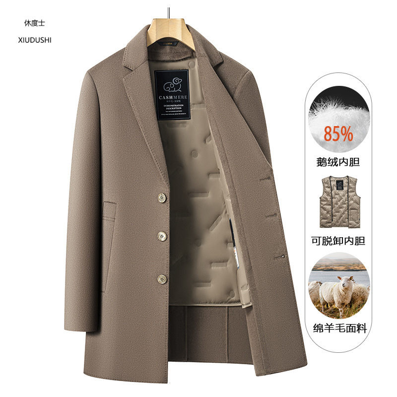 2025 Autumn/Winter Mid-to-Young Men's Double-Faced Wool Fashionable Overcoat, Business Casual, Goose Down Lined Warm Outerwear