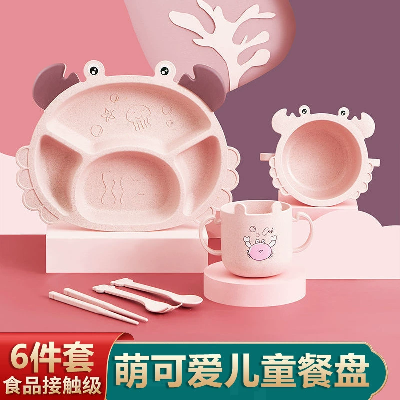 Детская обеденная тарелка с отделением из пшеничной соломы, обеденная тарелка с динозавром, милая миска с двумя ушками, чашка для молока, чашка для полоскания рта, набор из 6 предметов