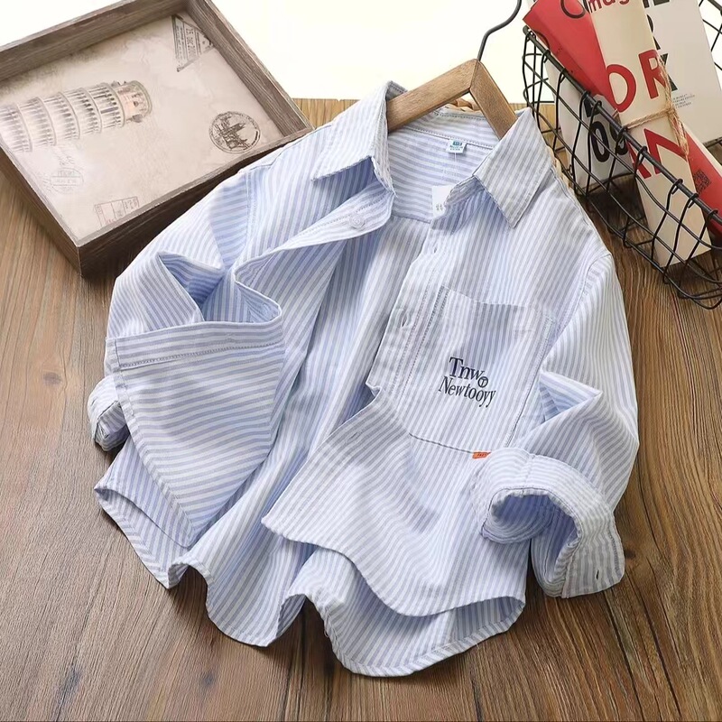 Boys' Cotton Shirt 2024 Spring and Autumn New Children's Handsome Striped Shirt Korean Style Middle and Large Children's Long Sleeve Outer Wear